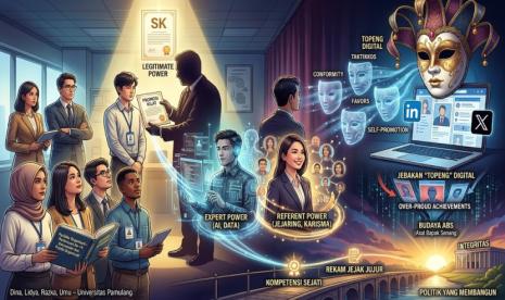 Ilustrasi politik kantor digital untuk artikel Panggung Politik Kantor Digital: Seni Mengelola Topeng